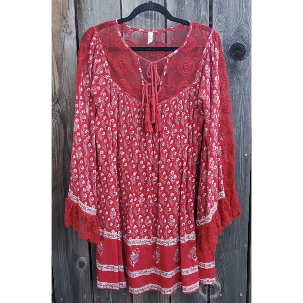 Free People Red Flowal Flowy Tunic Dress - Picture 1 of 7